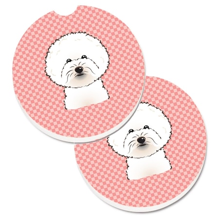 Carolines Treasures Checkerboard Pink Bichon Frise  Cup Holder Car Coaster, PK2 BB1217CARC